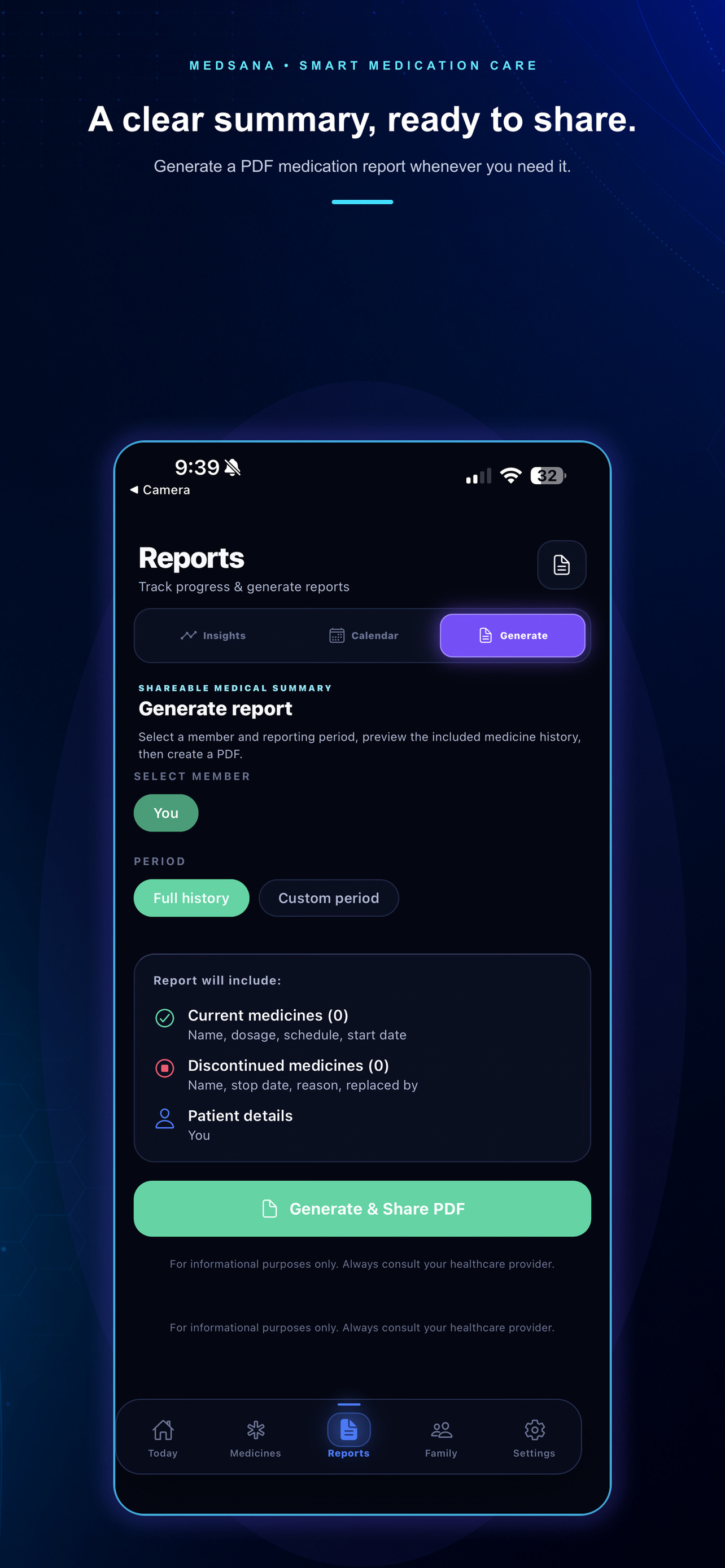 Medsana shareable report screen